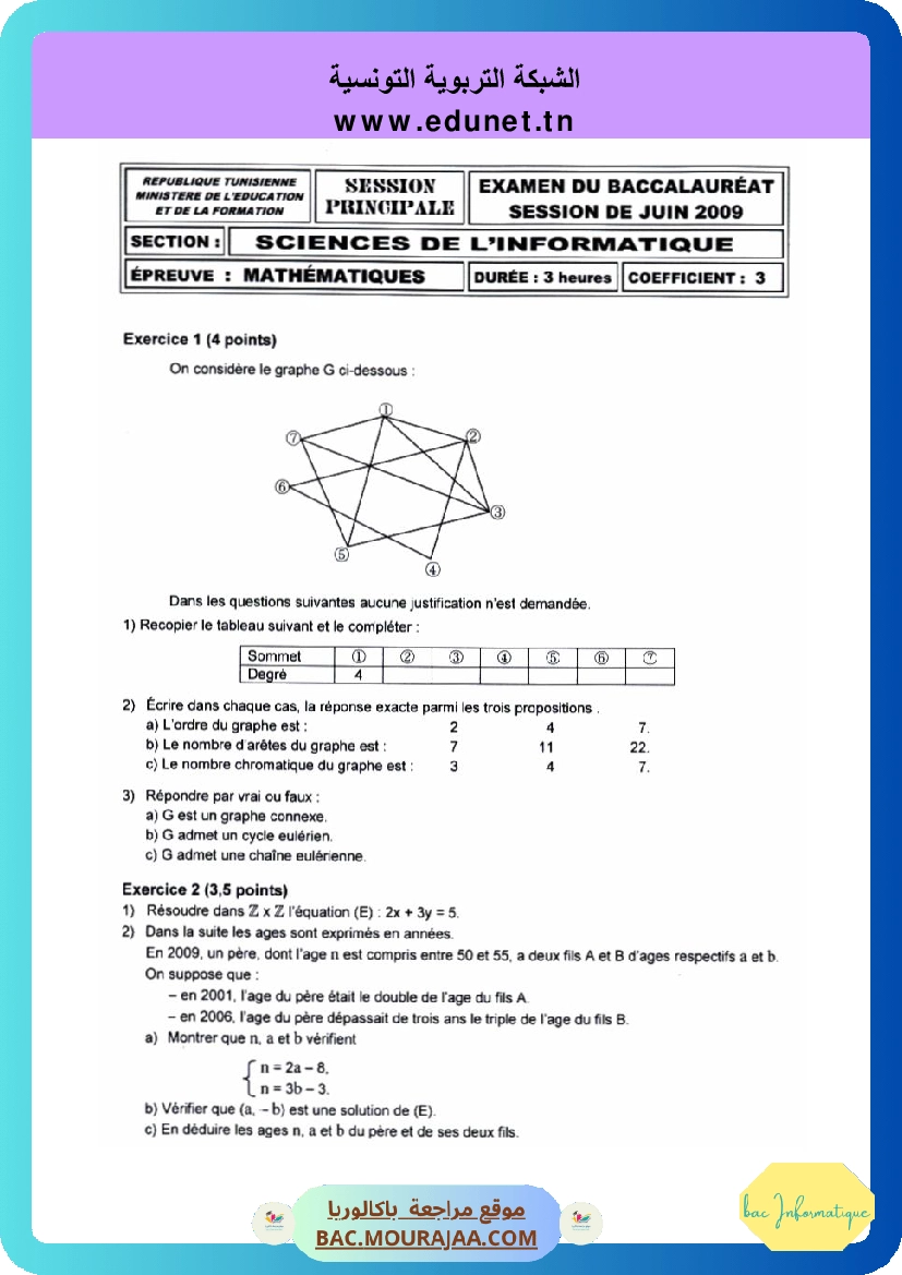 Sujet principale math Bac 2009 – Section info